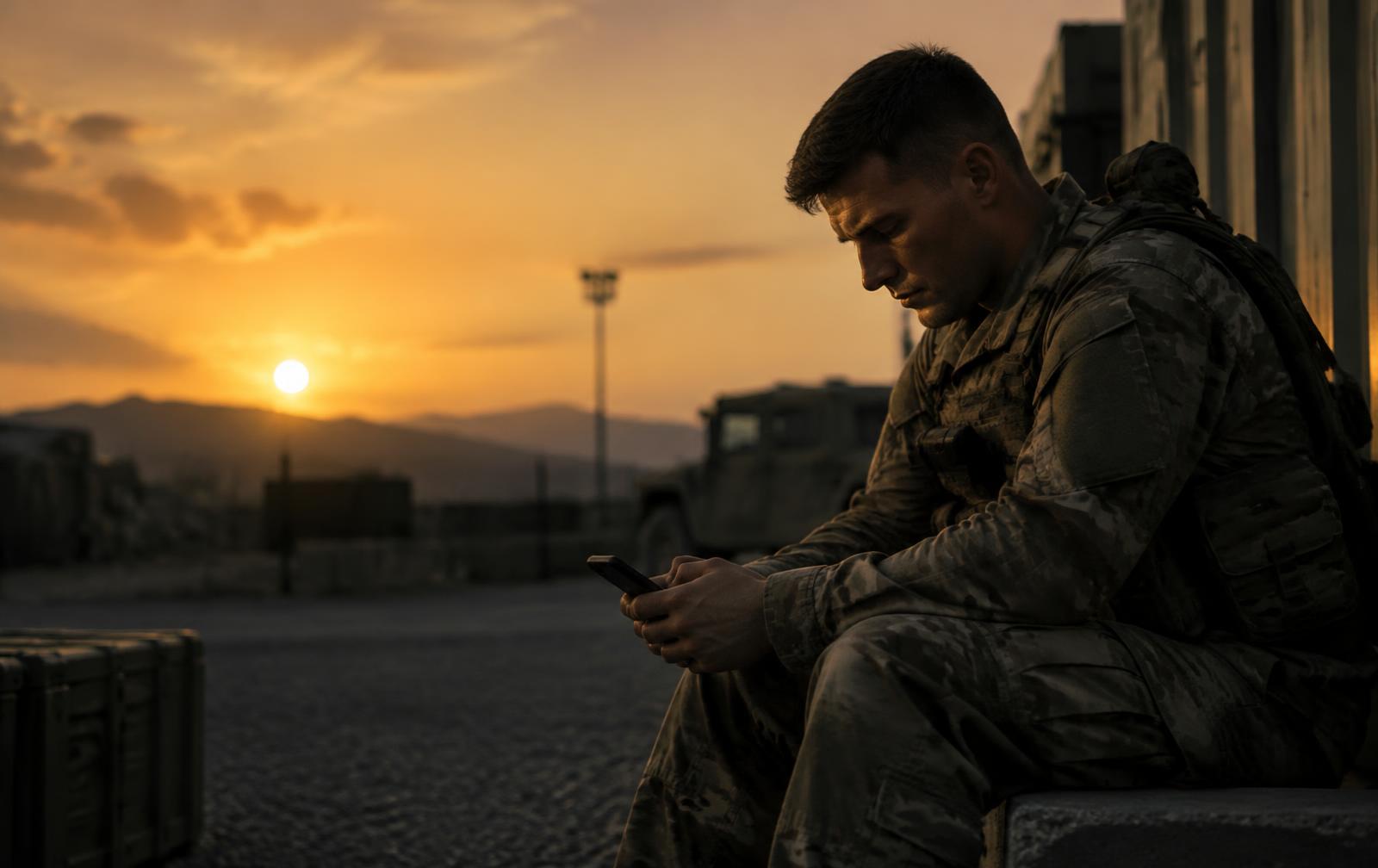 A service member reflecting at sunset on base, holding a phone